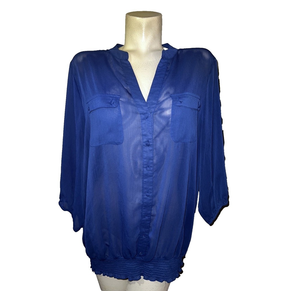 Torrid Womens Royal Blue Sheer Chiffon Smocked Hem Blouse 3/4 Sleeve Plus Sz 3X